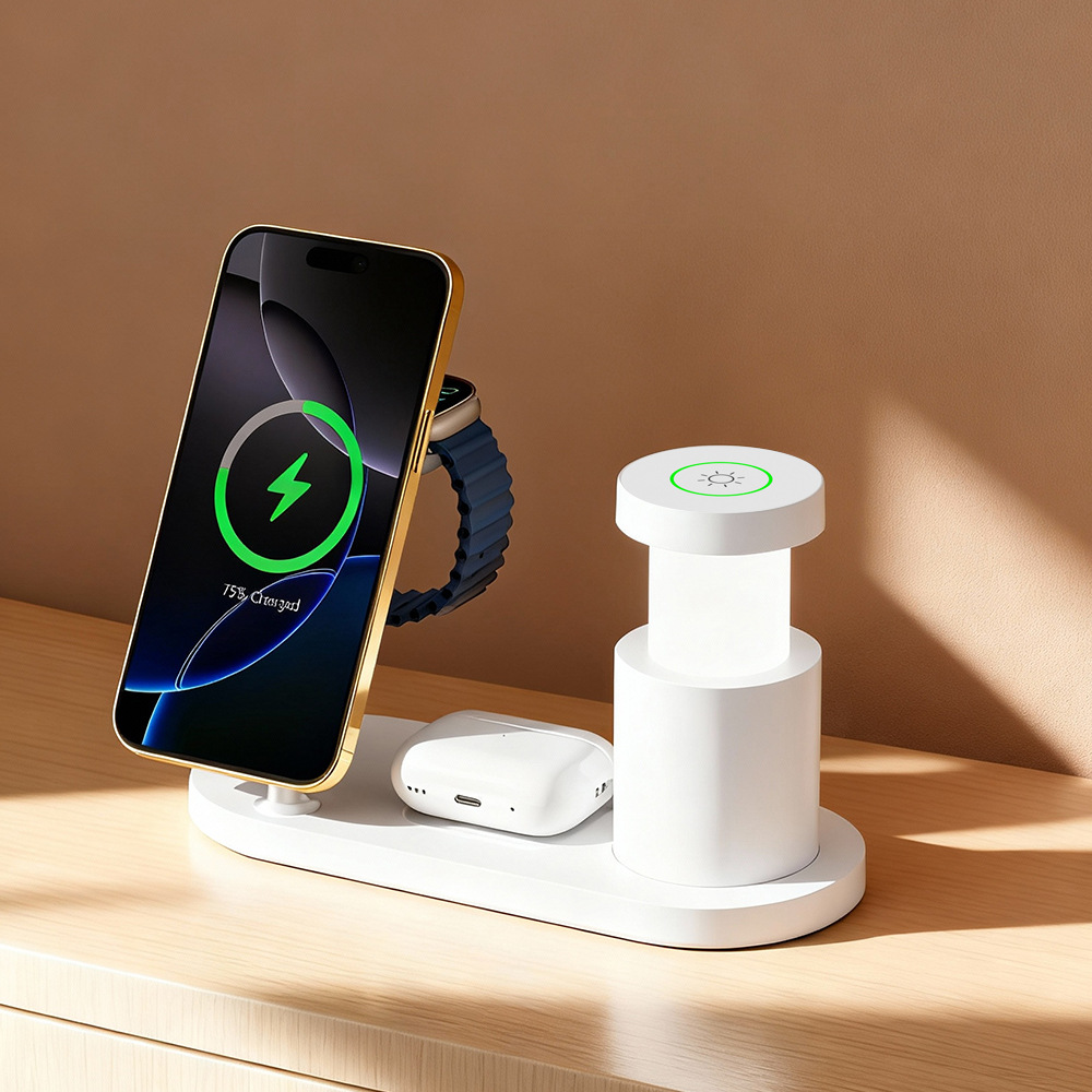 New QI2.2 four-in-one magnetic wireless charger lamp 25W for Apple Samsung phones earphones charger