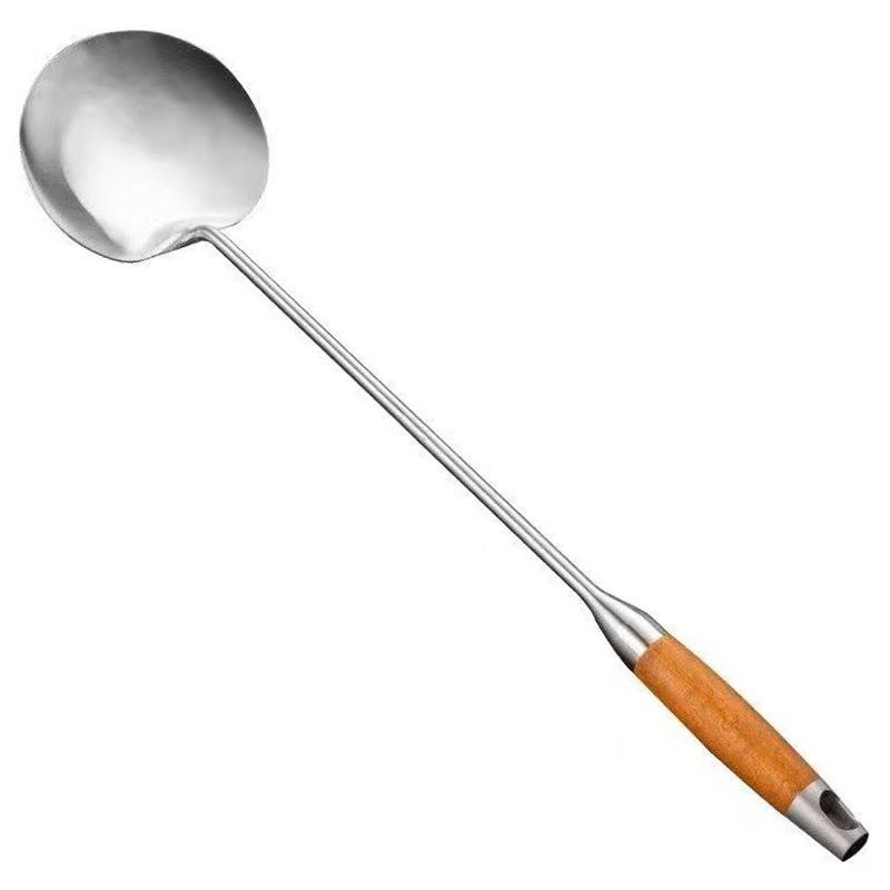 Stainless steel spatula stir-fry spoon round household stir-fry spoon Guizhou spatula restaurant long handle cooking spoon spatula wooden handle