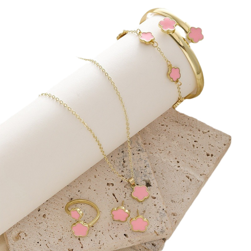 Clover Jewelry Set Wind Necklace Women Earrings Ring Bracelet Bangle