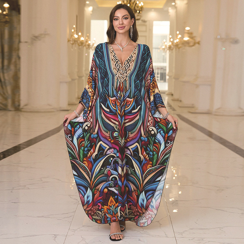 New Cotton Position Print Vacation Beach Long Dress Women Loose Long Dress Bikini Cover Up Sun Protection
