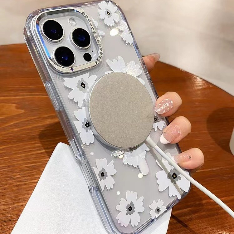Suitable for Apple 17promax gold line flower phone case Apple 16 rhinestone sea transparent magnetic hard case