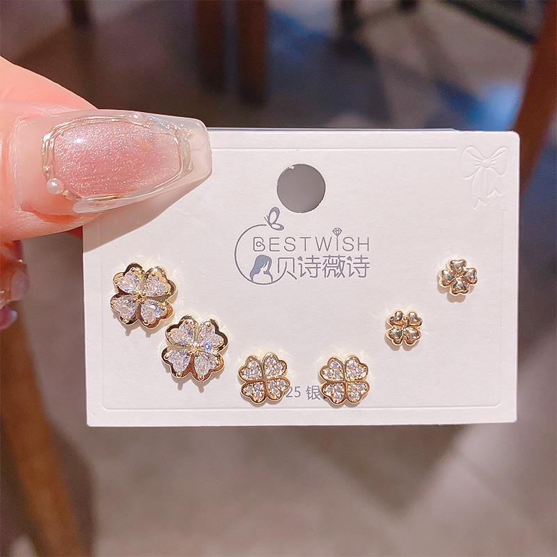 2025 silver needle thick gold electroplated exquisite zircon small earrings 6-piece set three pairs, wind earring accessories