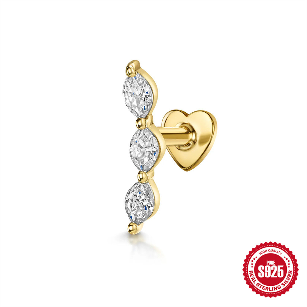 S925 sterling silver tassel chain diamond-set heart flat head threaded ear bone studs women's ear accessories