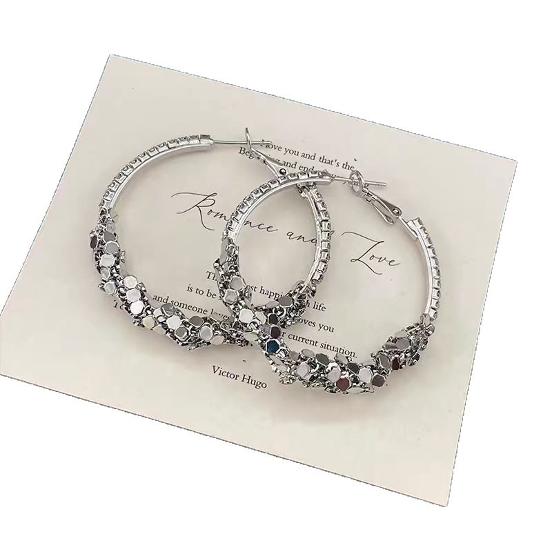 Super Shiny Silver Rhinestone Large Hoop Earrings for Women Exaggerated Ear Accessories