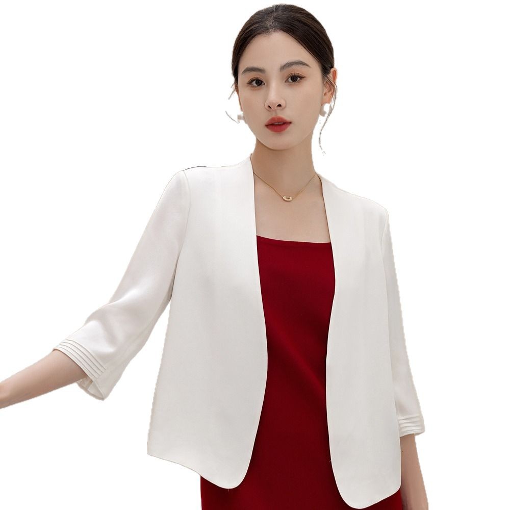 2026 summer solid color acetate suit jacket women five-point sleeve collarless short blazer