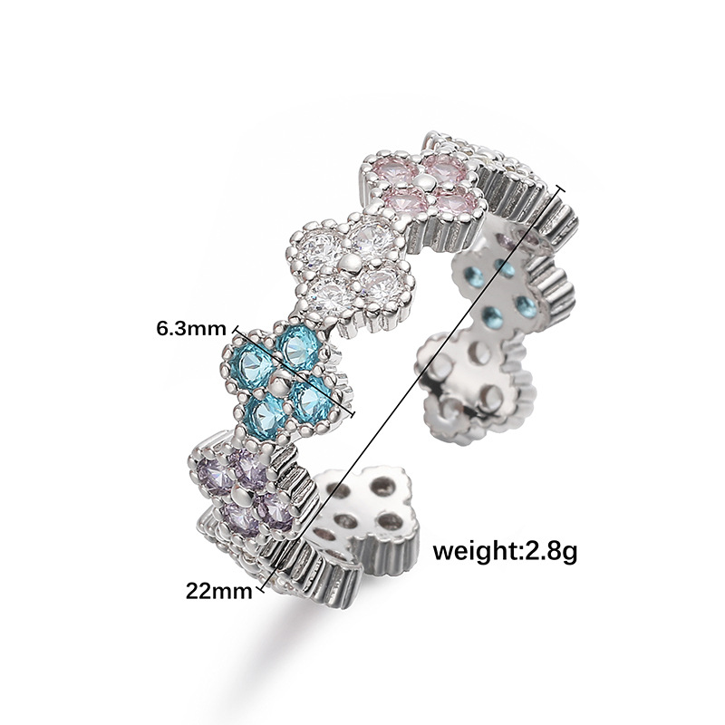Copper Inlaid Colorful Diamond Four-Leaf Clover Ring Unique Super Shiny Flower Petal Open Adjustable Ring
