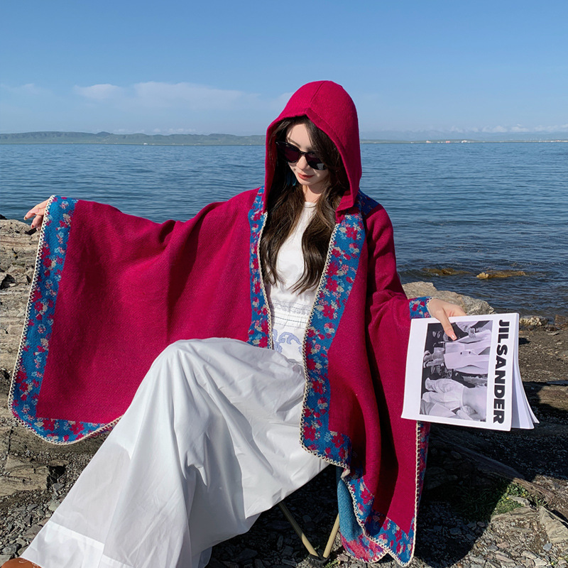 Xinjiang Tibet Travel Photo Ethnic Style Shawl Grassland Hooded Scarf Cape Yunnan Outer Cardigan Cape Women