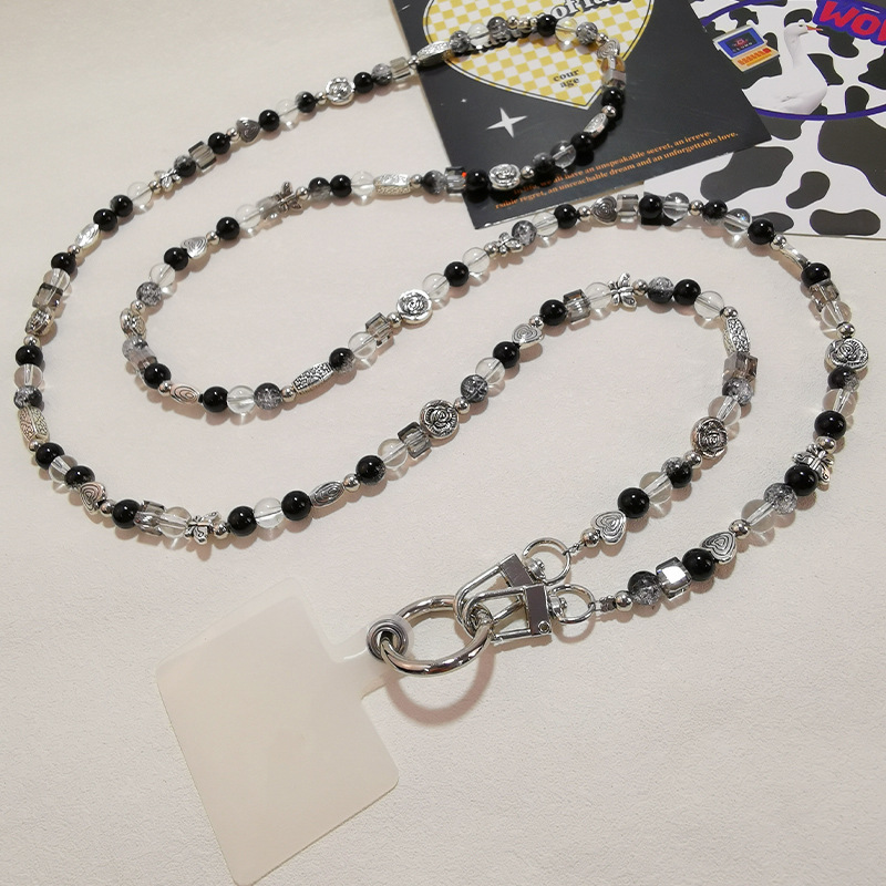 Mobile phone lanyard long crossbody black and white series pendant beaded flower phone case bag chain for women