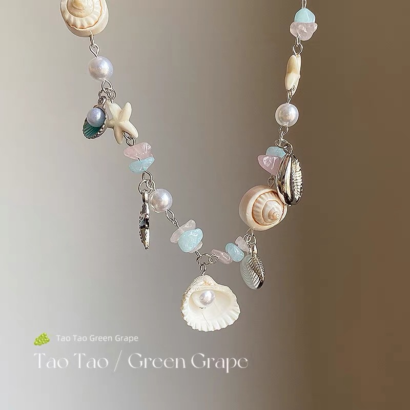 Starfish Shell Pearl Colorful Beaded Necklace Women Beach Vacation Style Collarbone Chain Summer Sweet Cool Necklace Accessories