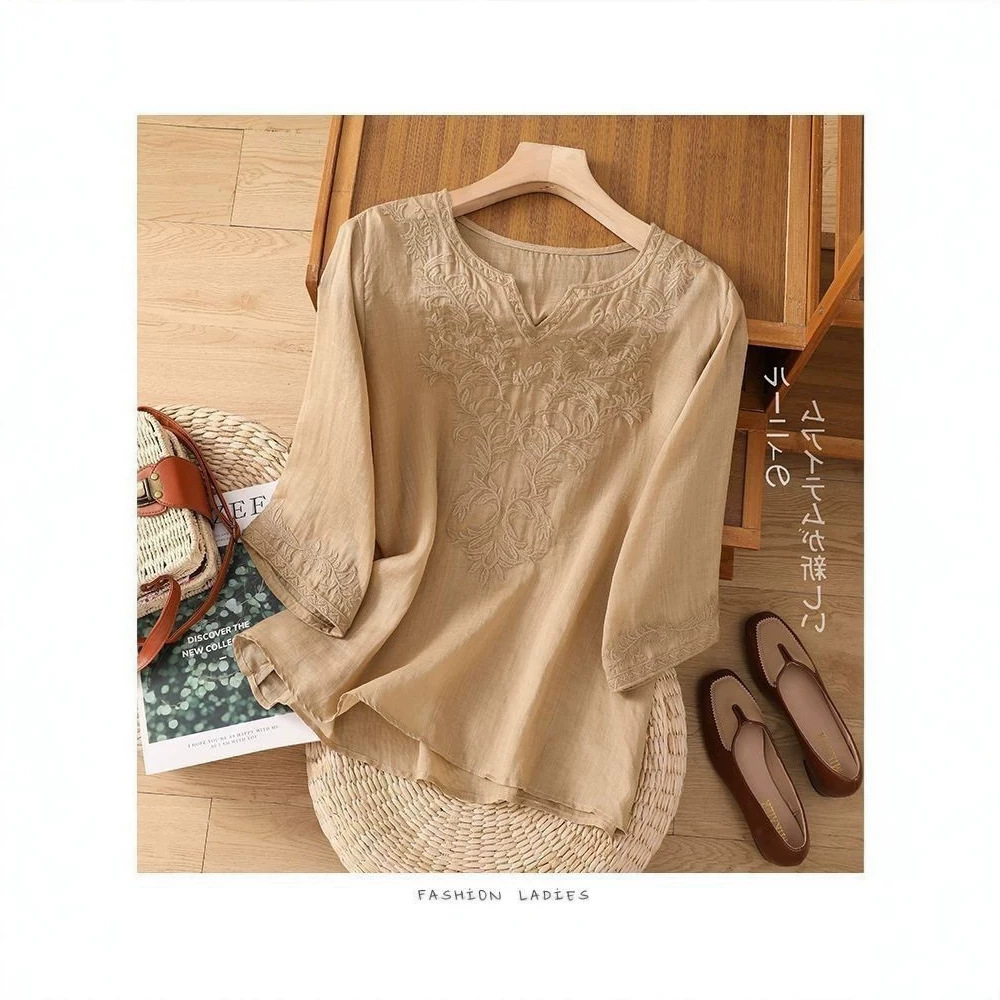 Spring summer new cotton-linen embroidered seven-point sleeve top women's loose round neck embroidered shirt