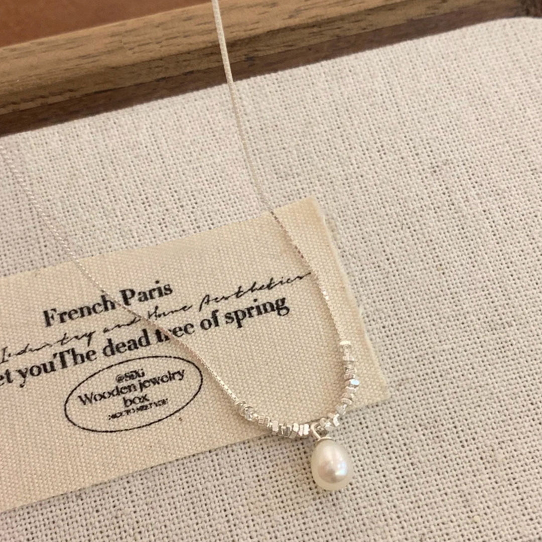 S925 Sterling Silver Crushed Silver Natural Freshwater Pearl Pendant Necklace Women Niche Collarbone Chain