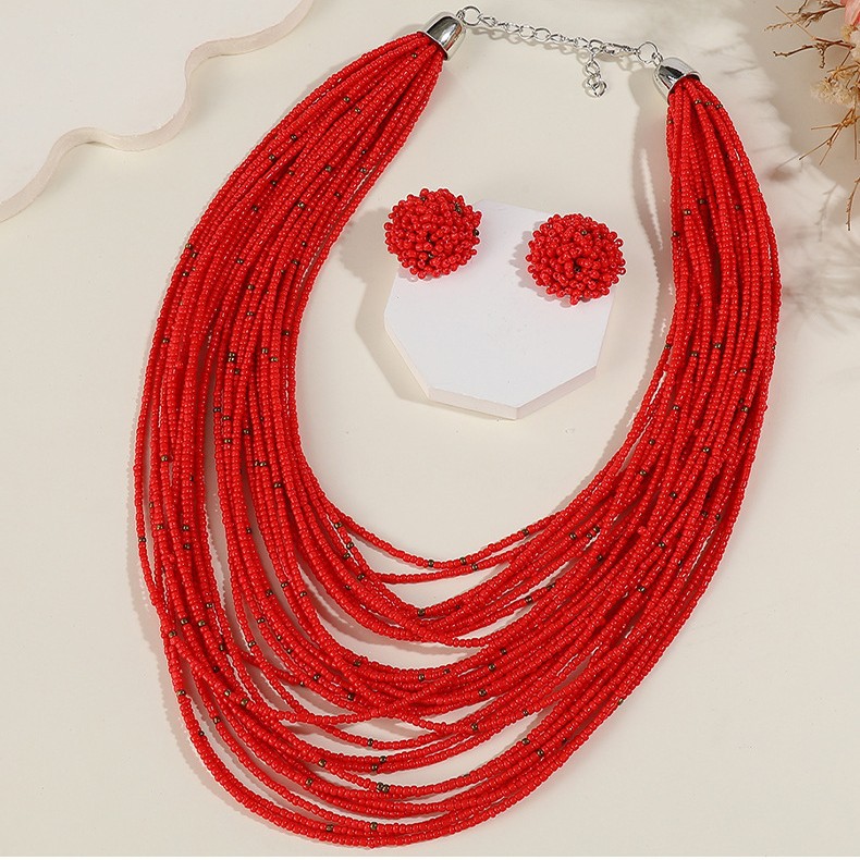 Bohemian Multi-Layer Bead Necklace Earring Set Ethnic Style Sweater Chain Women Multi-Layer Accessories