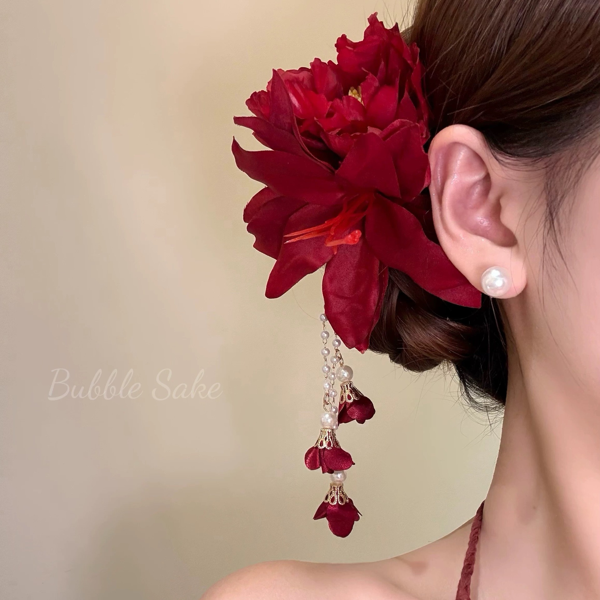 4#正红仿真花朵流苏发夹