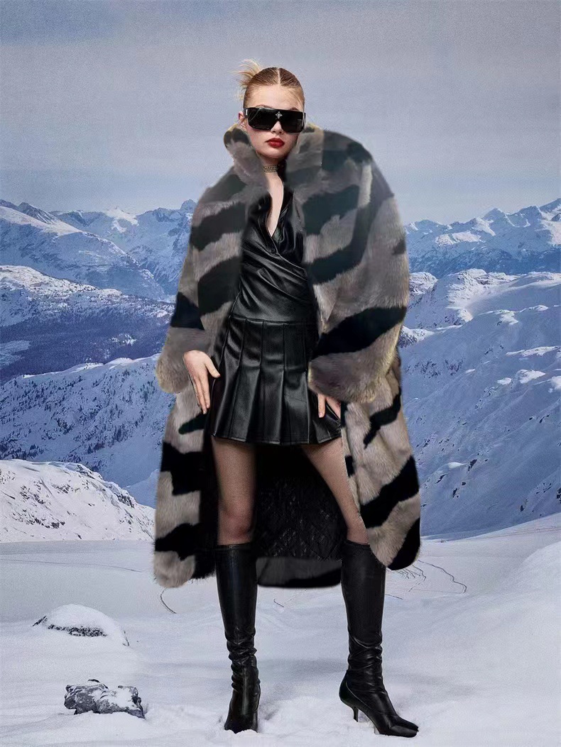 Fur faux fur coat imitation tiger pattern lengthened artificial fur loose