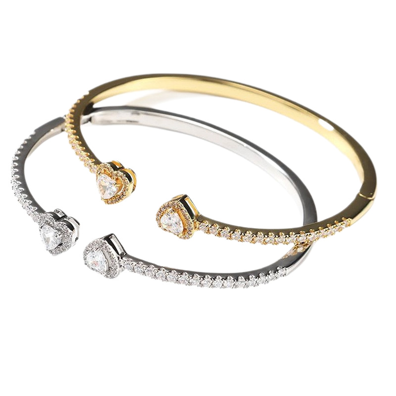 Gold-plated zircon heart-shaped open bangle for women jewelry