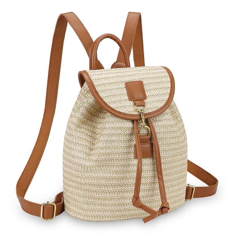 New Simple Patchwork Drawstring Bucket Straw Bag, Vacation Travel Woven Backpack for Women