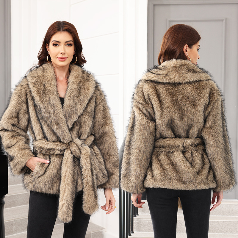 Faux fur with belt mid-length jacket women's clothing warm thickened plush long sleeve Haining Guanchen