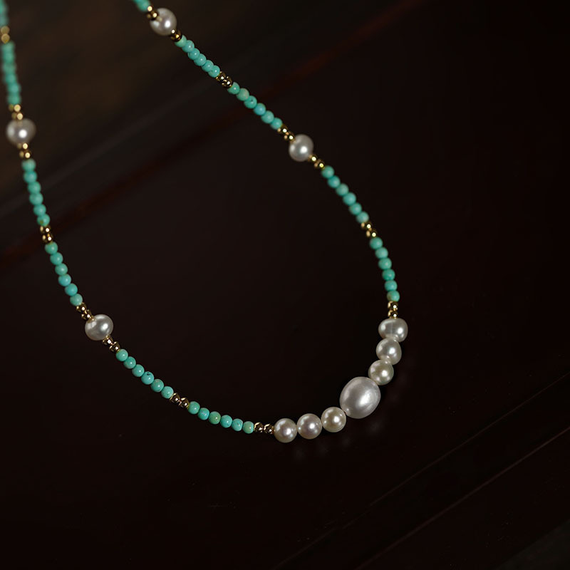 Natural freshwater pearl turquoise bead necklace for women, summer niche collarbone neck chain accessory