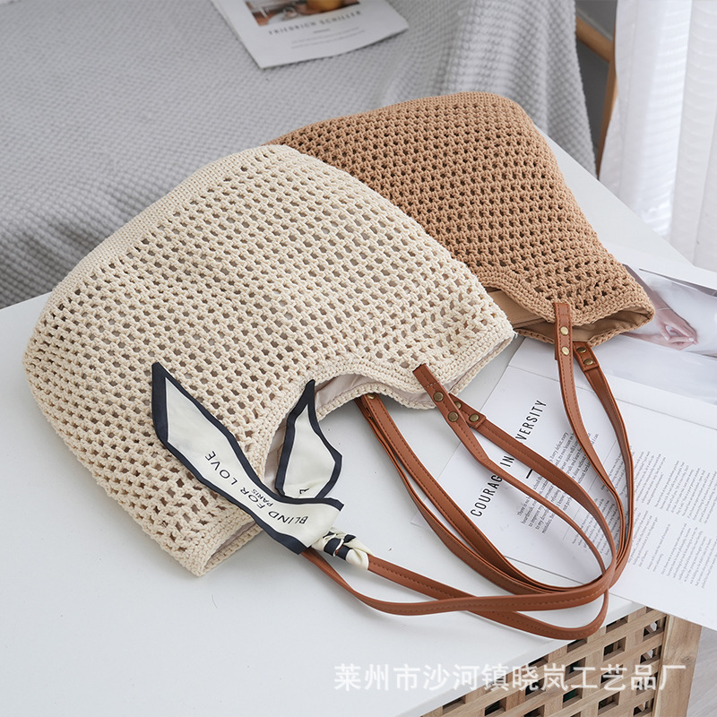 New large capacity single-shoulder cotton woven bag new hollow mesh tote bag seaside vacation beach bag women's bag