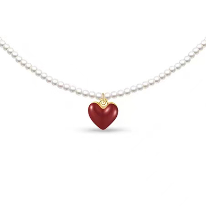 3mm high-luster round cubic zirconia imitation pearl necklace for women, alloy, wine red heart-shaped pendant, sweater chain, 2024 new
