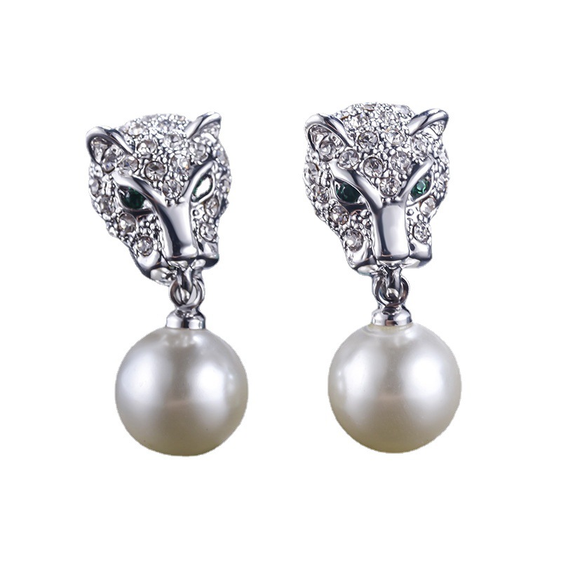 Exquisite Full Diamond Leopard Pearl Earrings Ear Accessories 321863