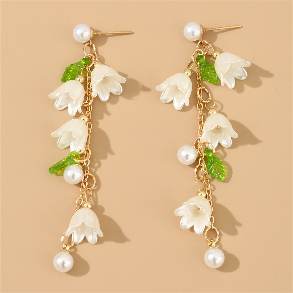 EZ4916 Long Tassel Lily of the Valley Earrings Pearl Flower Earrings Women's Accessories