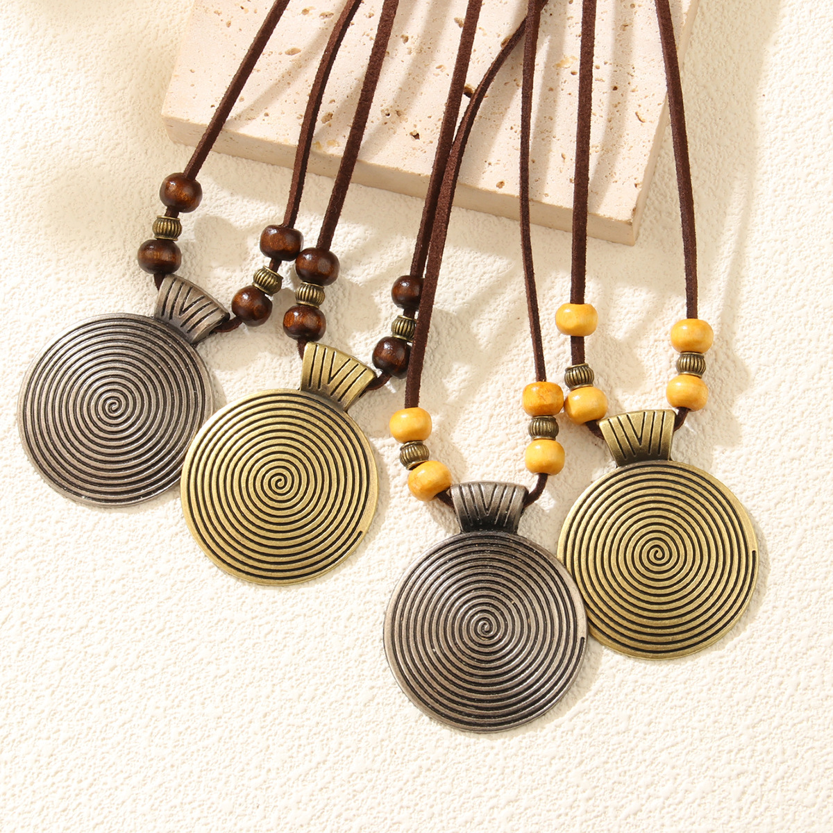 Cowhide Rope Ethnic Pendant Leather Accessories Fingerprint Alloy Sweater Chain Round Necklace