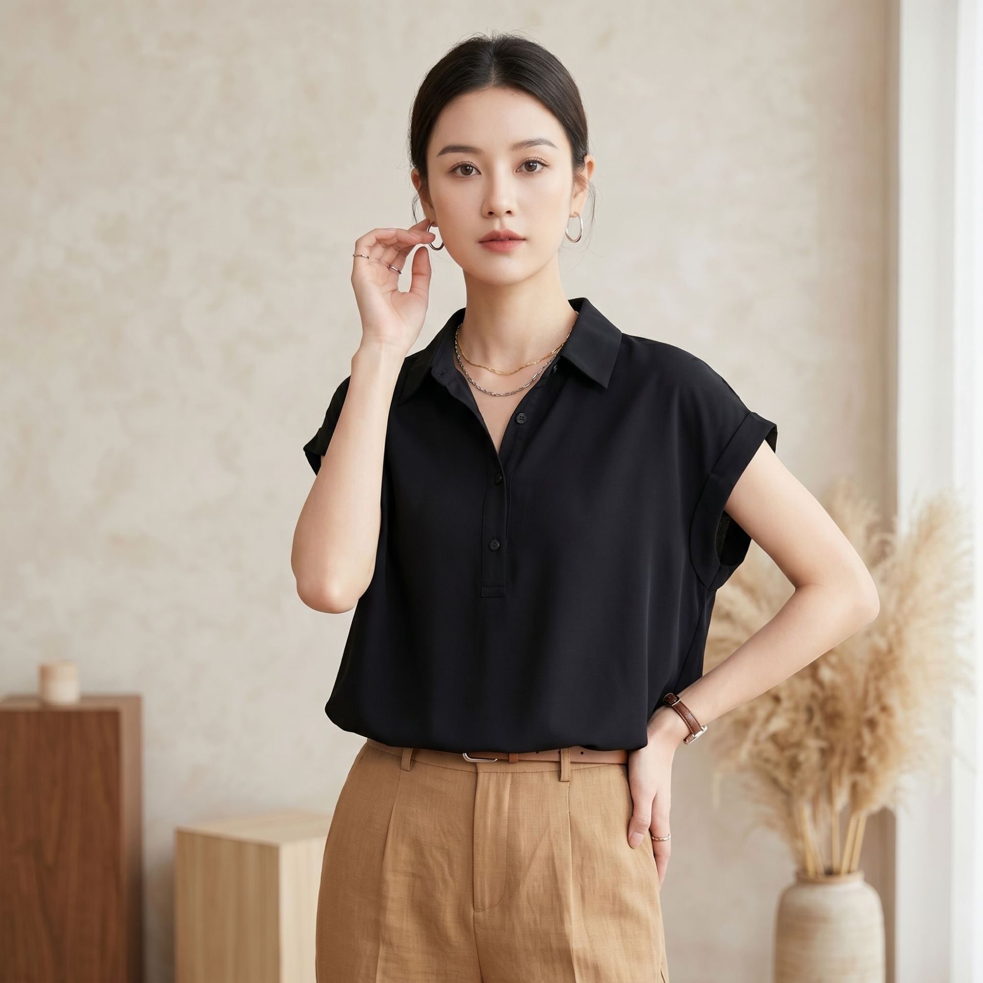 Summer Silk Short Sleeve Shirt for Women New Loose Casual Blouse Solid Color Commute Mulberry Silk Top Niche