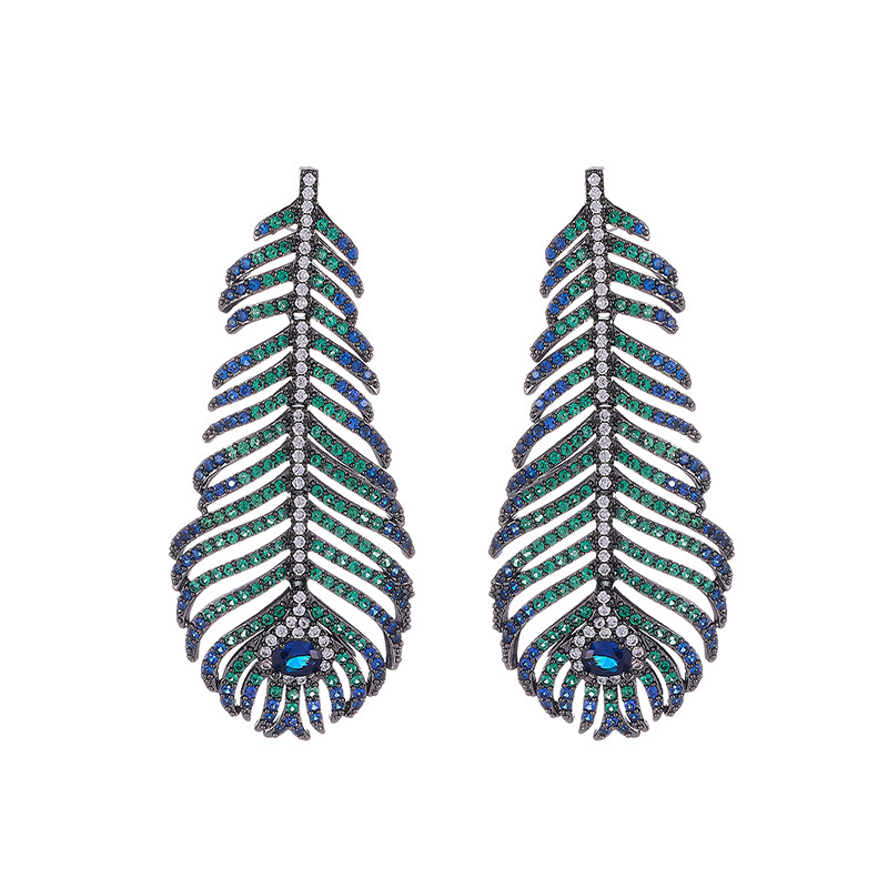 Heavy Craft Luxury Zircon Peacock Feather Earrings Long Tassel s925 Silver Needle Elegant Earrings for Women