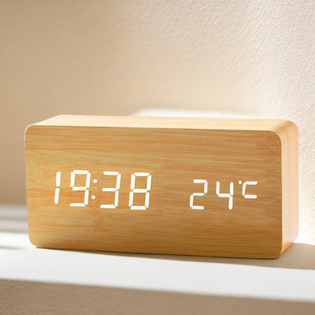 Nordic LED wooden clock, wood grain clock, silent night light living room bedroom bedside digital alarm clock