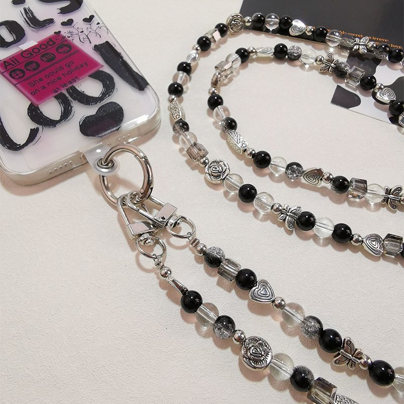 Mobile phone lanyard long crossbody black and white series pendant beaded flower phone case bag chain for women