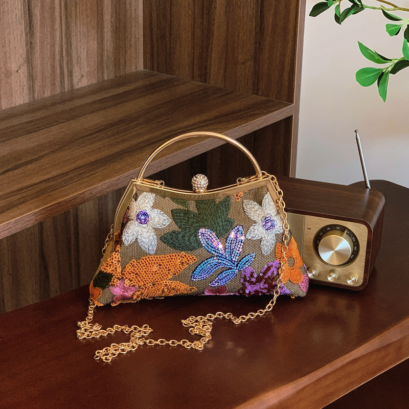 Women's Bag New Linen Bag Heavy Sequins Mesh Splicing Embroidery Clutch Evening Bag Elegant Handbag