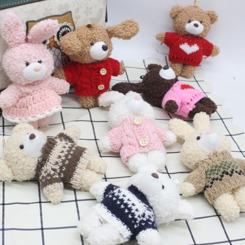 Conjoined Teddy Bear Plush Toy Keychain Bag Charm Cute Big Head Accessories Sweater Doll