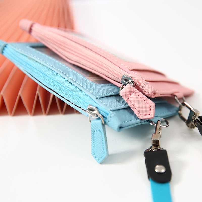 PU leather card holder with lanyard men and women card sleeve neck card holder card case coin purse multi-card slot simple card holder
