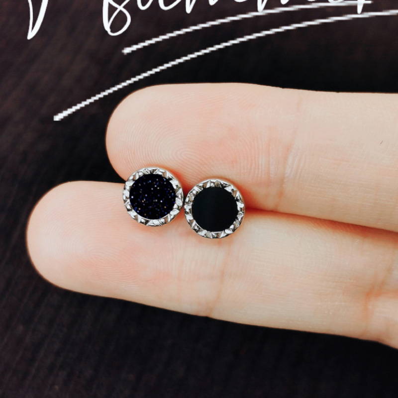 Silver plated earrings for men, natural black agate inlaid silver couple s925 silver feeling women's earrings