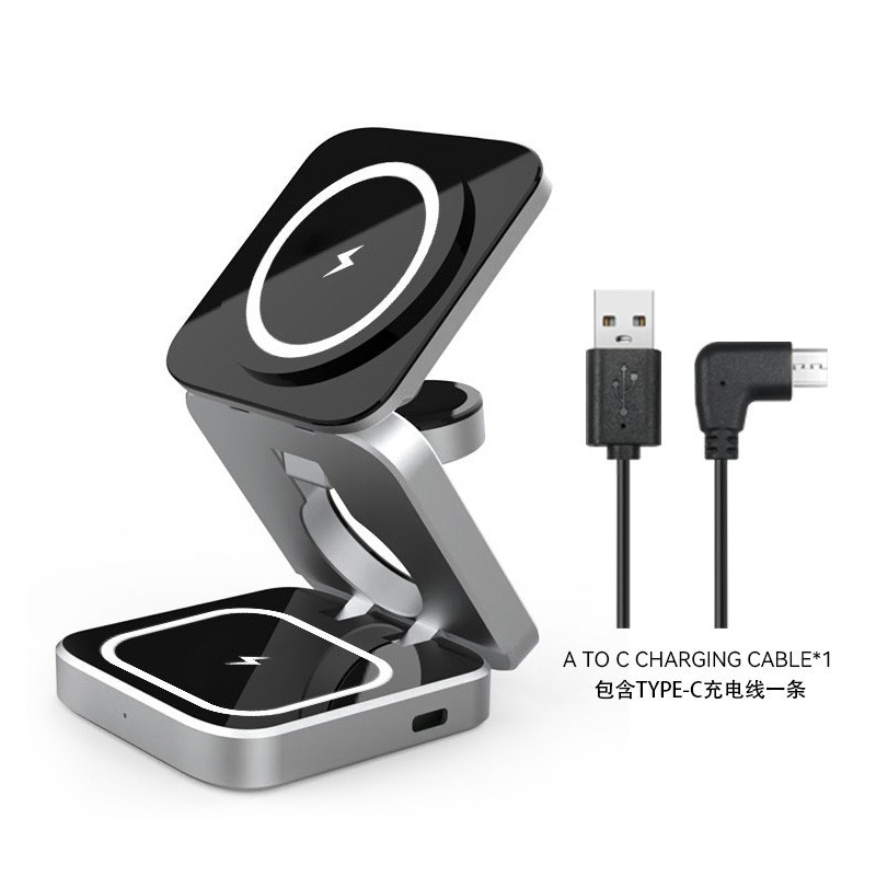 Three-in-one magnetic wireless charger phone fast charging foldable stand earphone watch wireless charger