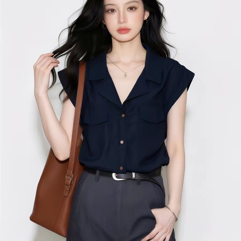 Navy Blue Turn-Down Collar Short-Sleeve Shirt Summer 2026 Women's Office Top