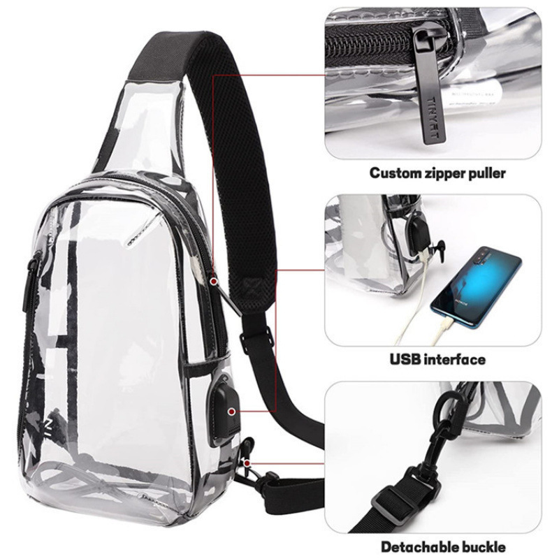 2024 New PVC Transparent with USB Charging Stadium Chest Bag Retractable Men's Women's Casual Crossbody Single