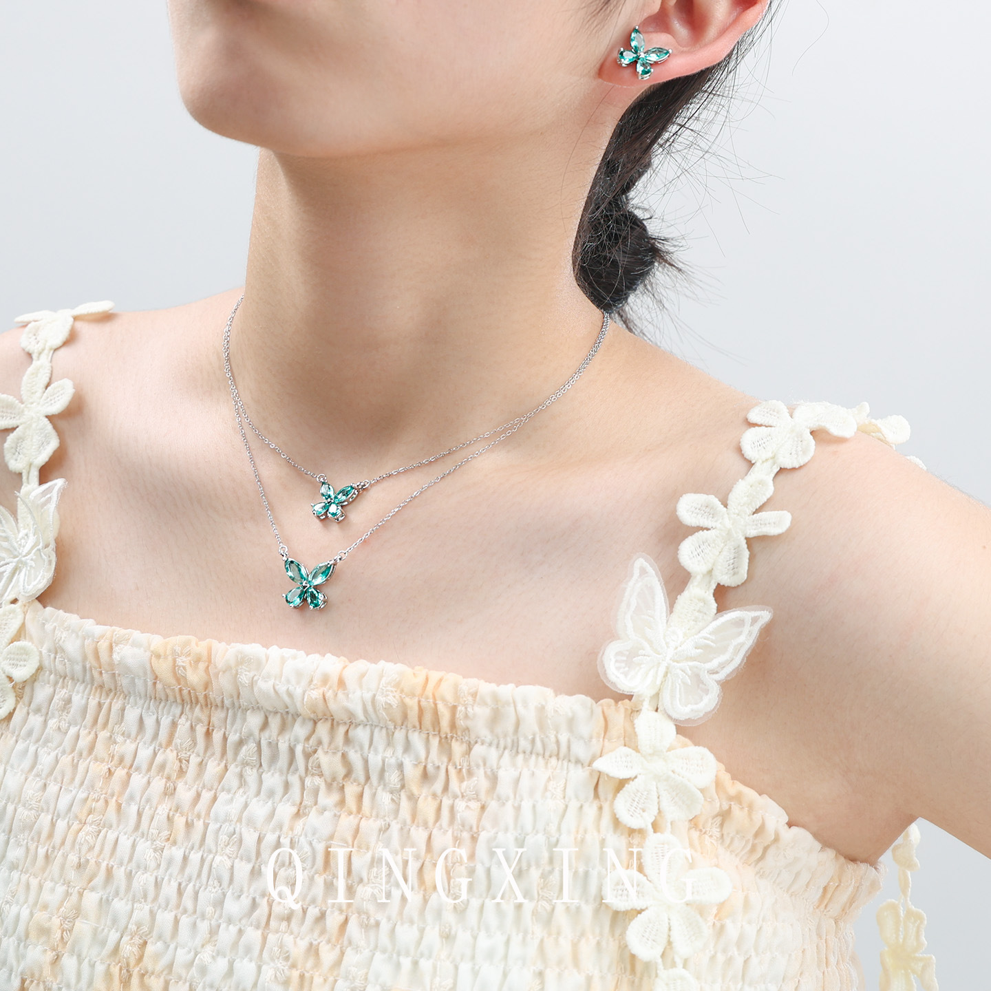 S925 Pure Silver Needle Red Corundum Spinel Butterfly Ear Studs Super Fairy Lake Green Pendant Collarbone Chain Women's Accessory