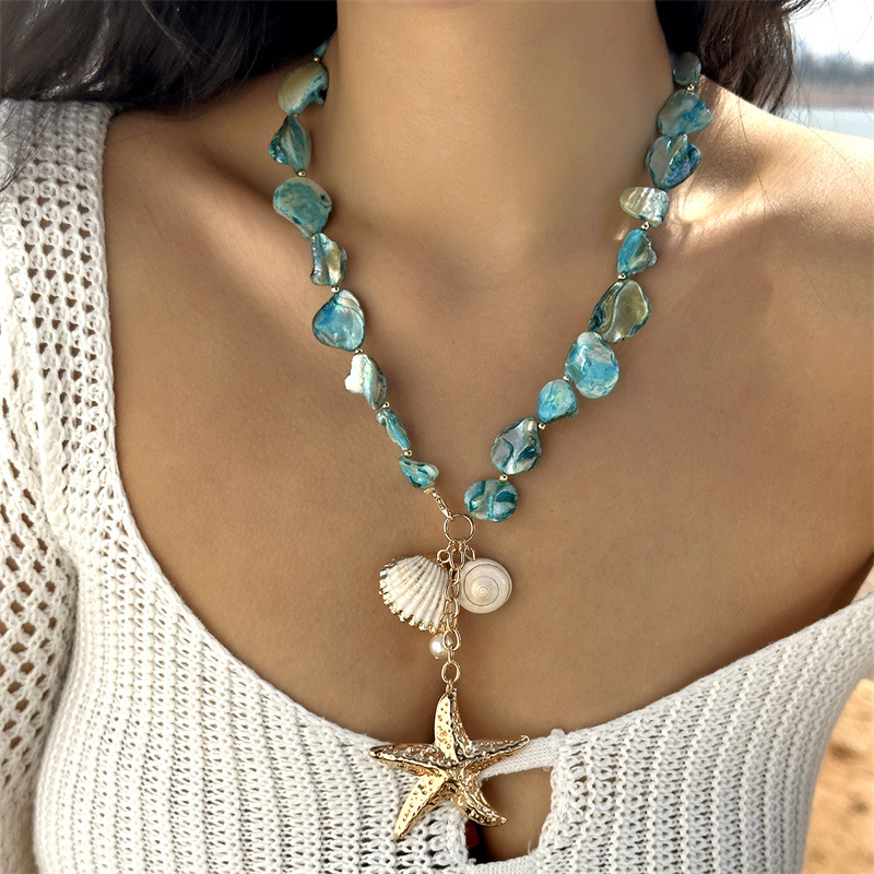 New Starfish Shell Beaded Necklace Imitation Pearl Beaded Layered Gold Necklace Niche Accessories Women