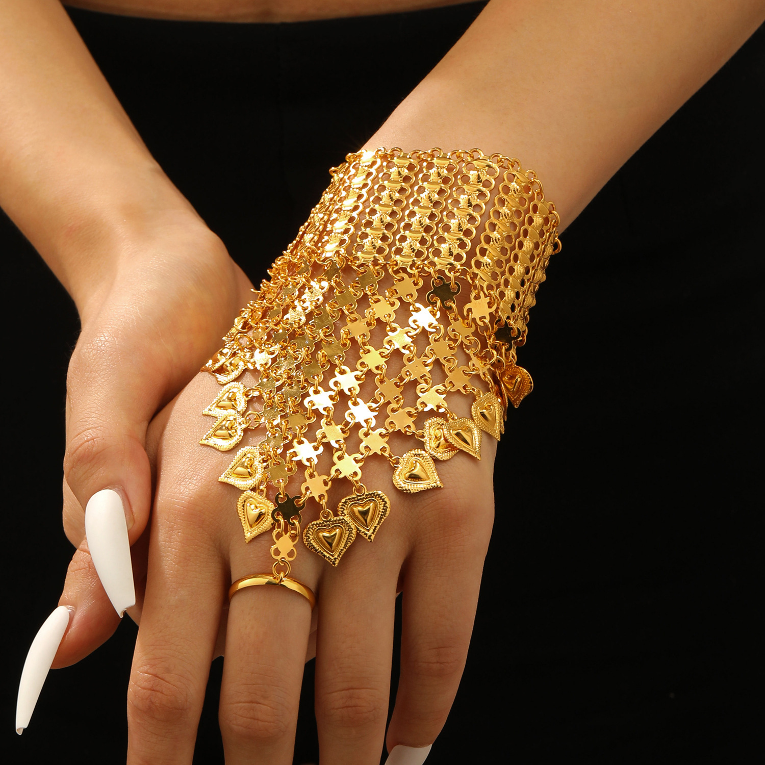 Chain Ring Bracelet Butterfly Heart Pearl Connected Finger Ring Hip Hop Exaggerated One-Piece Hand Jewelry