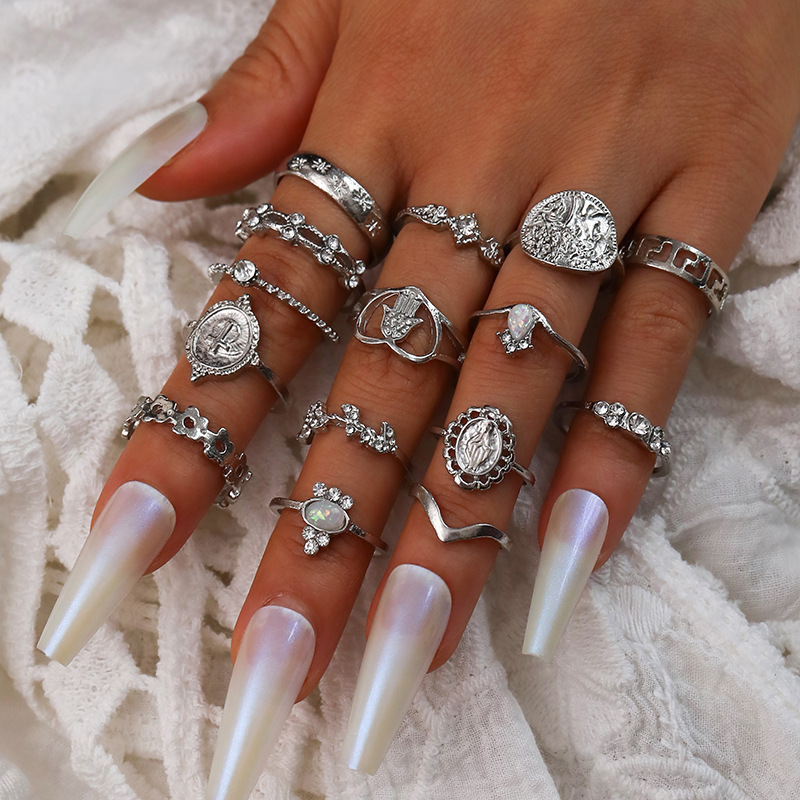 Beauty Head Coin Gold Cross Pattern Love Heart Fatima's Hand Ring 15-Piece Set