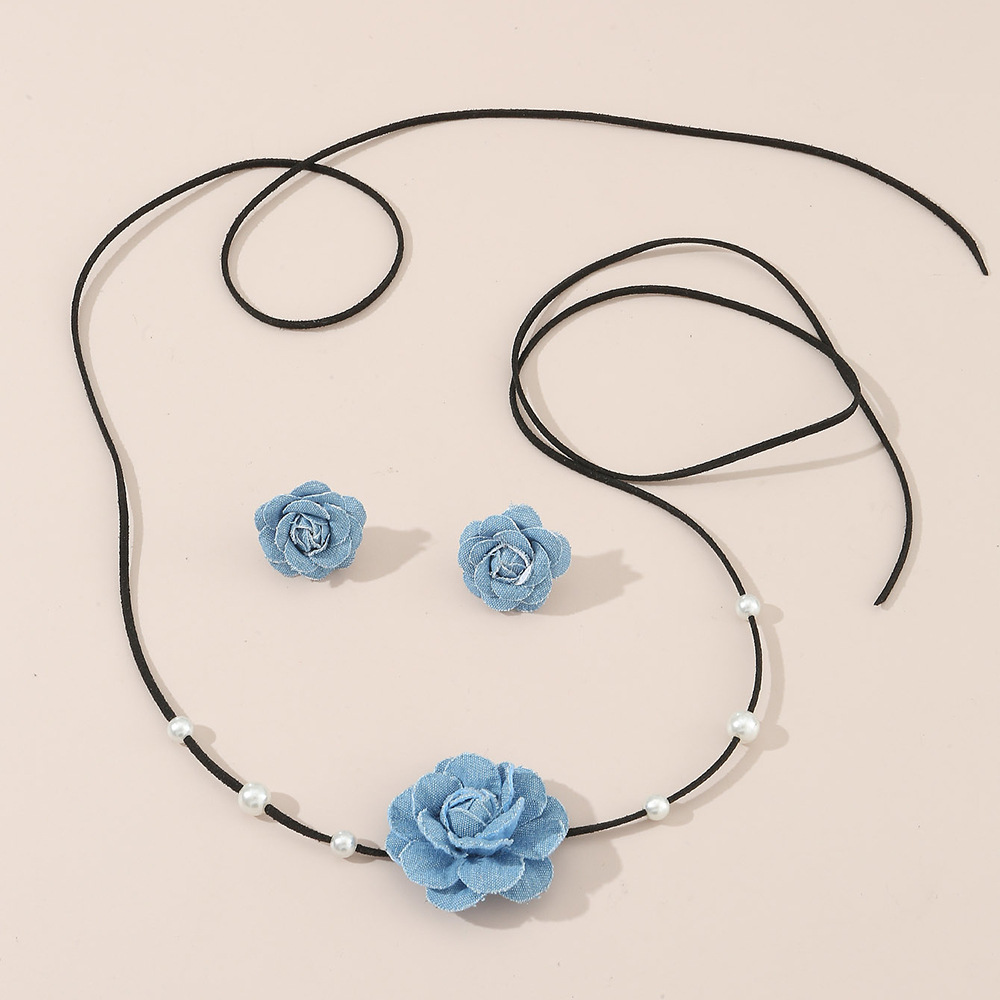 SZ0627 Denim Camellia Beaded Lace-up Necklace Earrings Set Women's Niche Choker Collarbone Chain