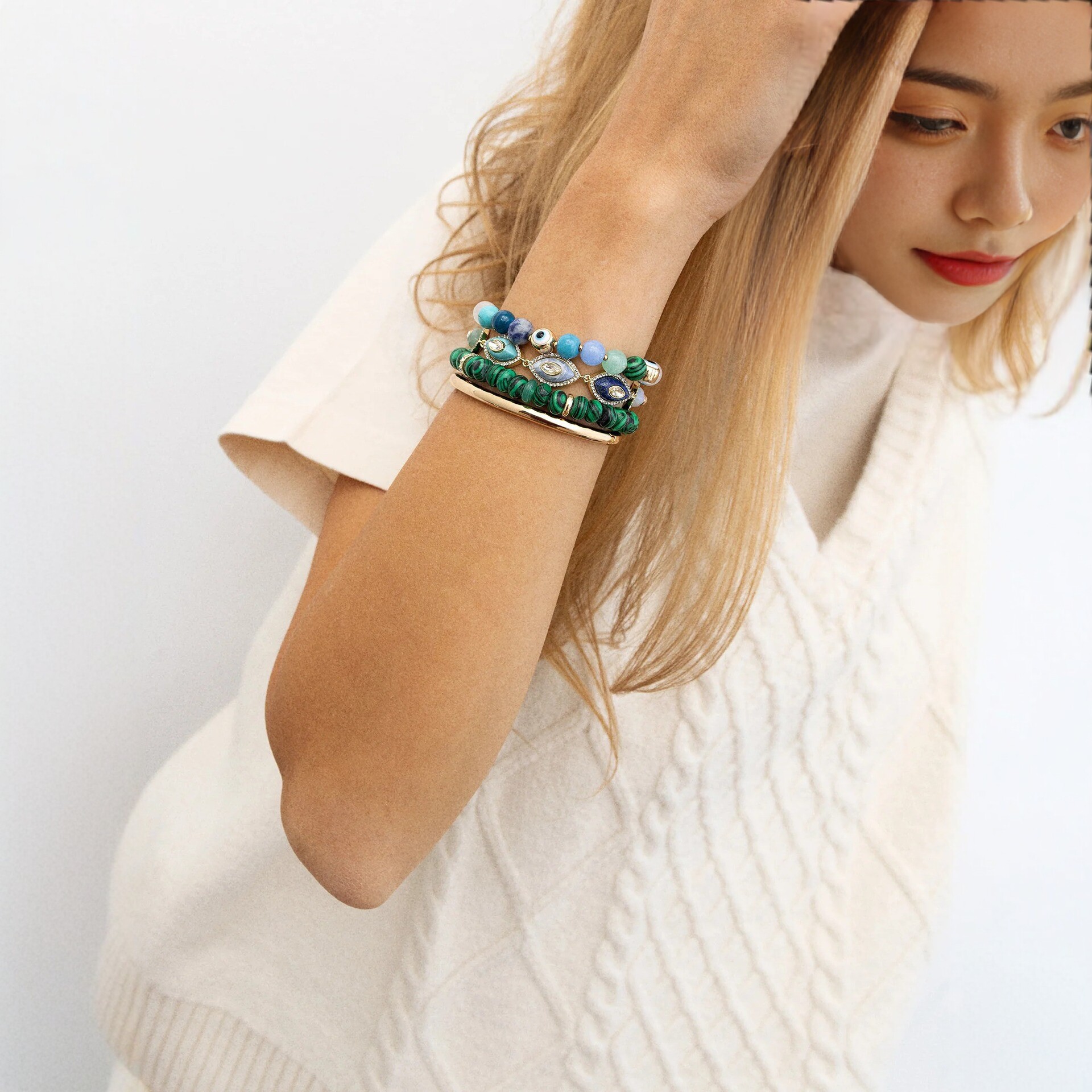 Evil Eye Diamond Inlay Bracelet Stacking Women's Hand Jewelry