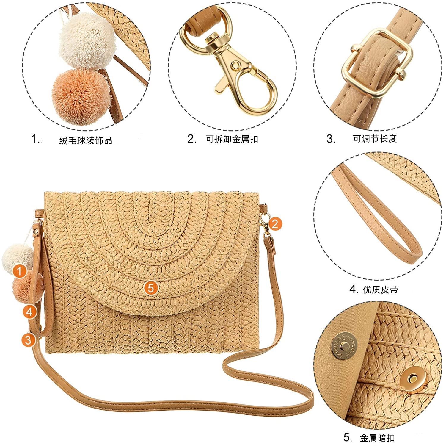 New Straw Bag Handwoven Bag Large Capacity Envelope Bag Single Shoulder Crossbody Bag Women's Vacation Beach Bag