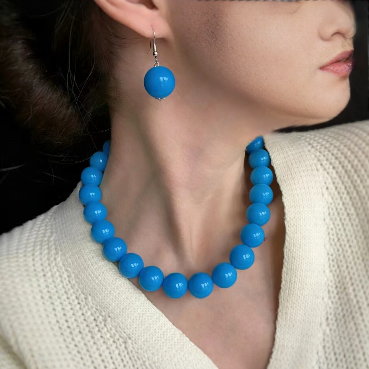 Fresh imitation pearl necklace earring set women round bead锁骨链 simple accessories three-piece set