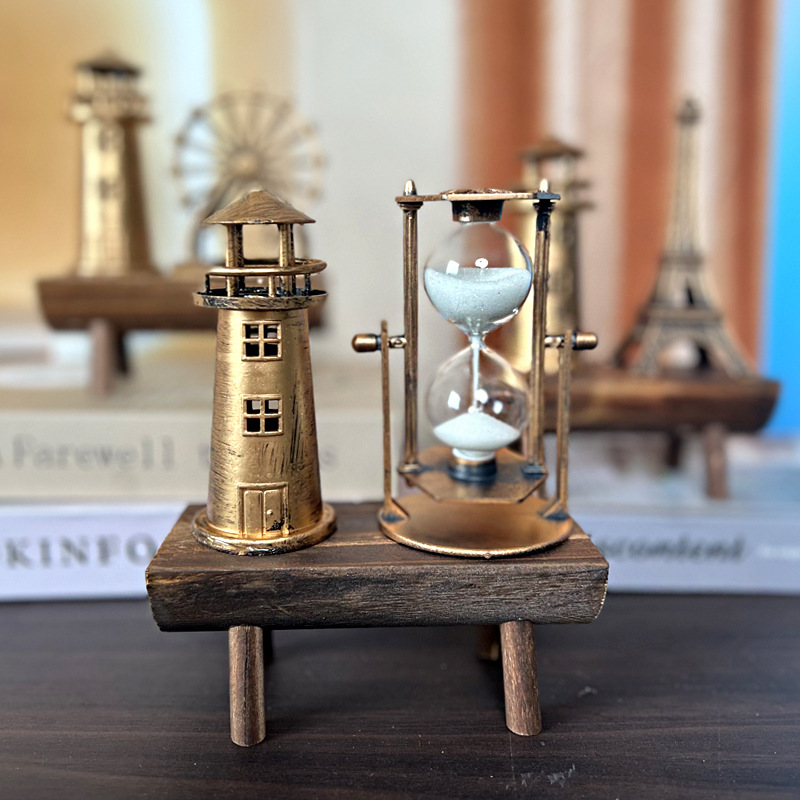 1047 Iron Tower Hourglass Ornament Simple Modern Home Study Wooden Base Hourglass Ornament