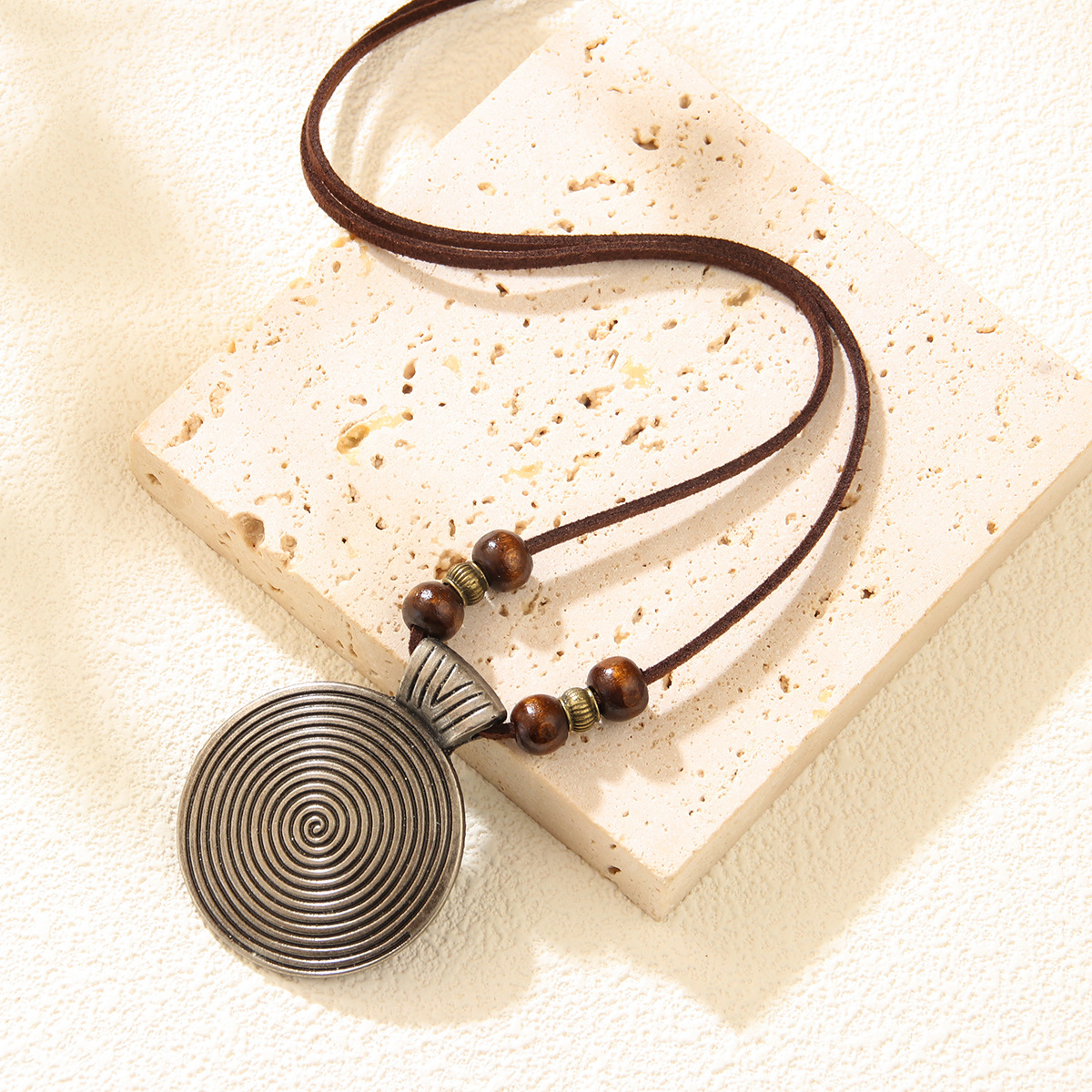 Cowhide Rope Ethnic Pendant Leather Accessories Fingerprint Alloy Sweater Chain Round Necklace