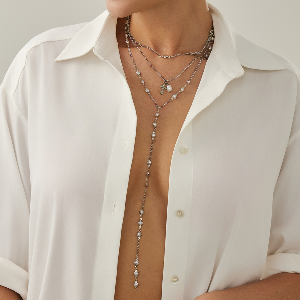 Jewelry cross metal pendant necklace elegant pearl bead Y-shaped锁骨链 multi-layer