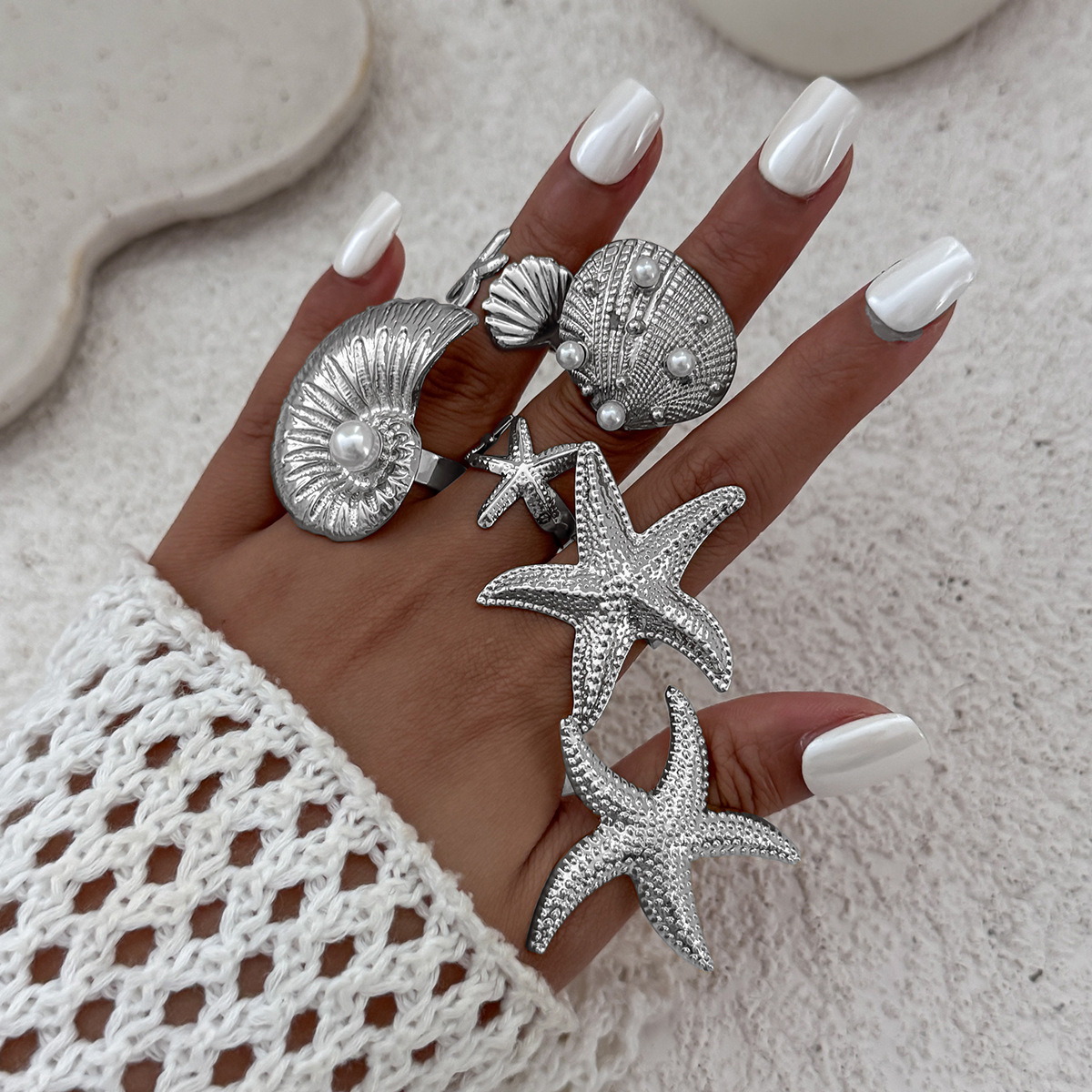 Starfish Shell Open Ring Set Women Ocean Style 6-Piece Set Pearl Adjustable Ring
